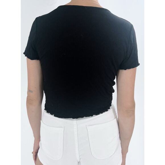 Garage Black Ribbed Drawstring V-Neckline Short Sleeve Top Size Large - Picture 2 of 3